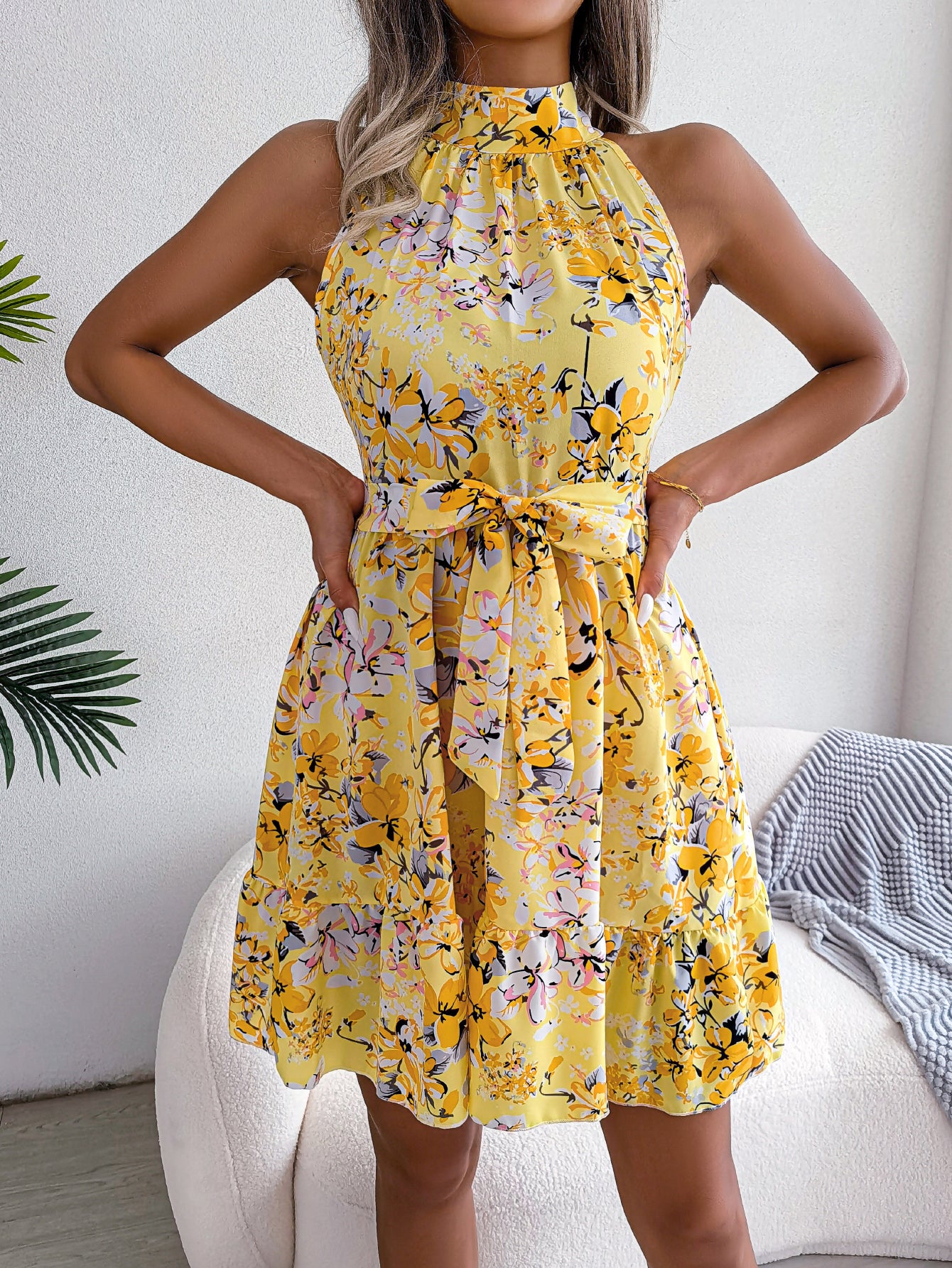 Women Elegant Tie Waist Ruffle Hem Flowy Floral Print Dress