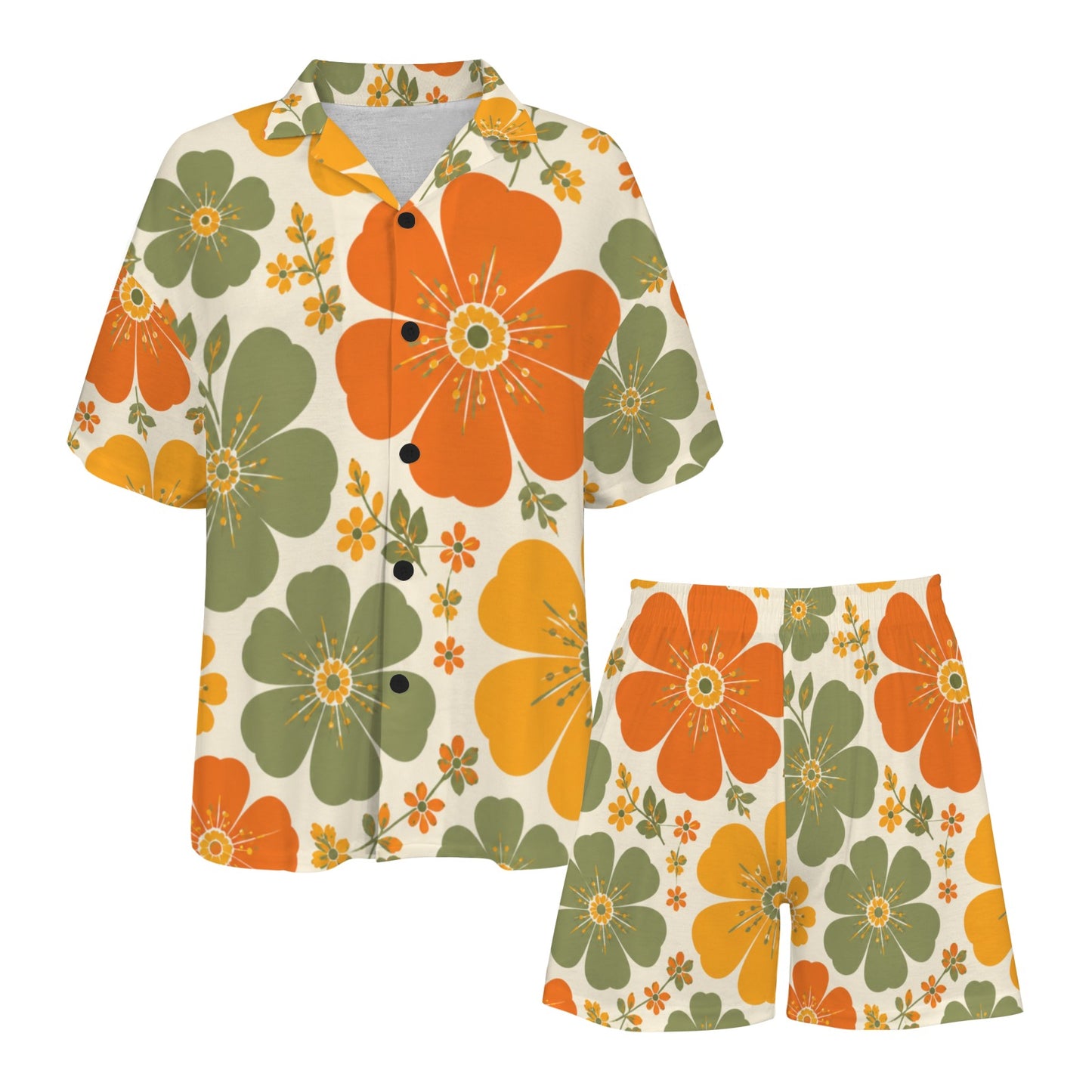 Retro Floral Women's V-Neck Pajama Set | Orange Green Flower Print Sleepwear | Soft Lounge Set | Cozy Pajamas Gift for Her