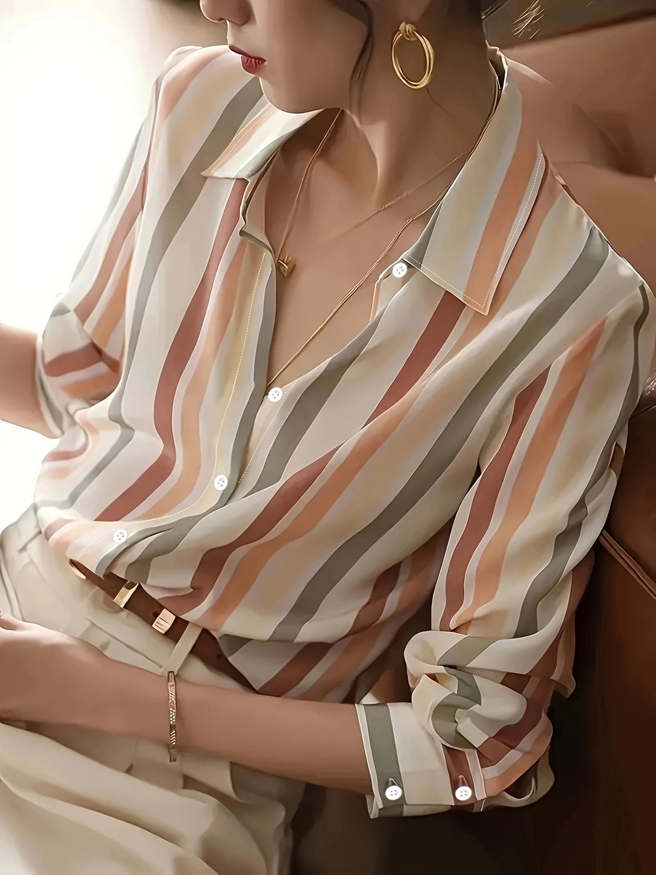 Ladies Long-sleeved Striped Printed Versatile Casual Shirt - US Warehouse