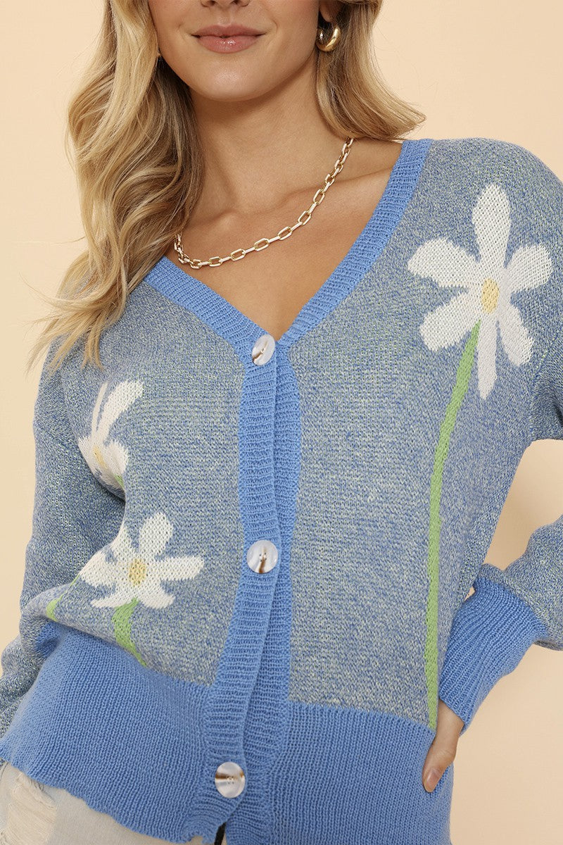 Blue Flower Intarsia Button Cardigan – Women’s Cozy Knit Sweater Soft Floral Front