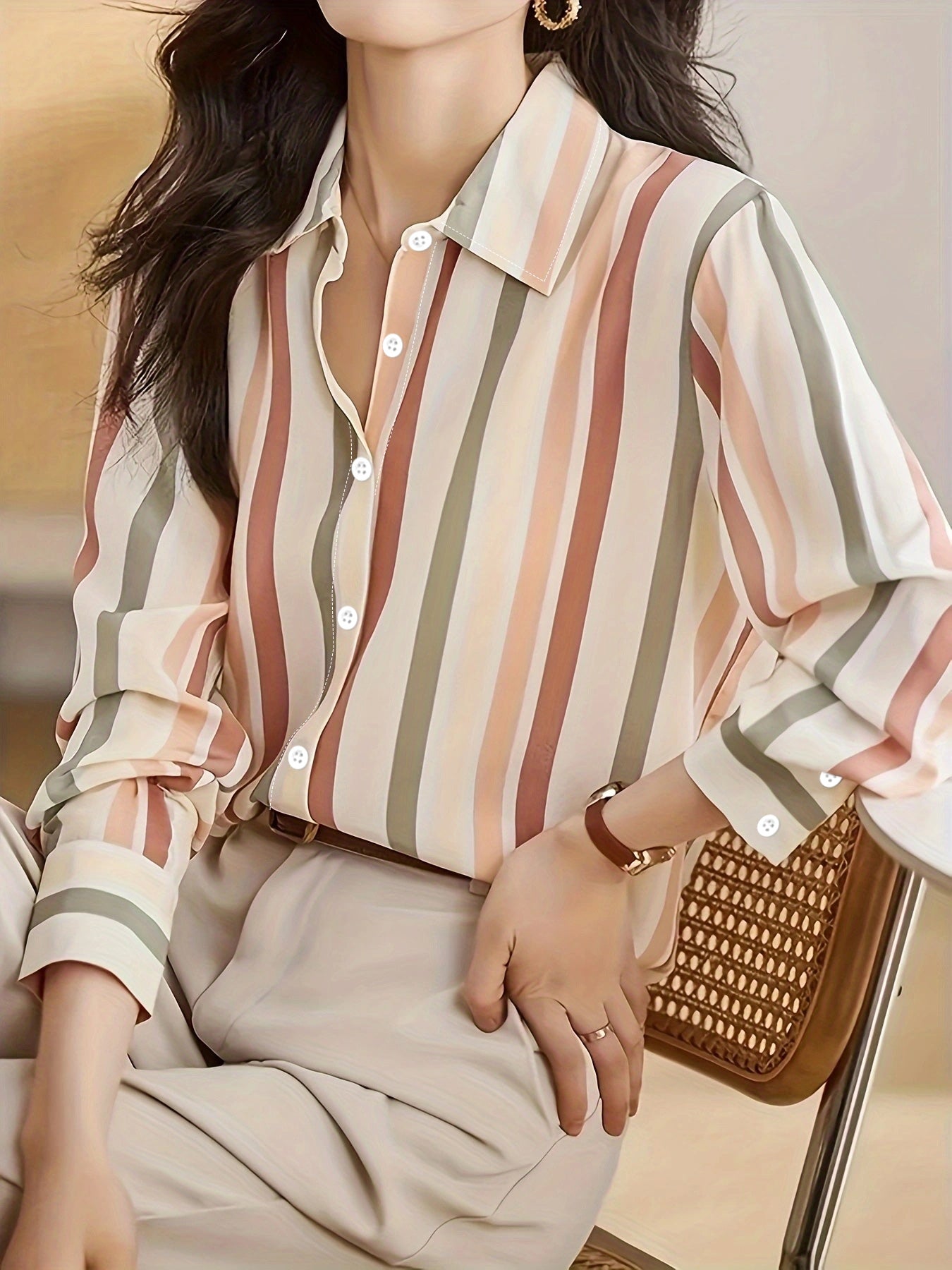 Ladies Long-sleeved Striped Printed Versatile Casual Shirt - US Warehouse