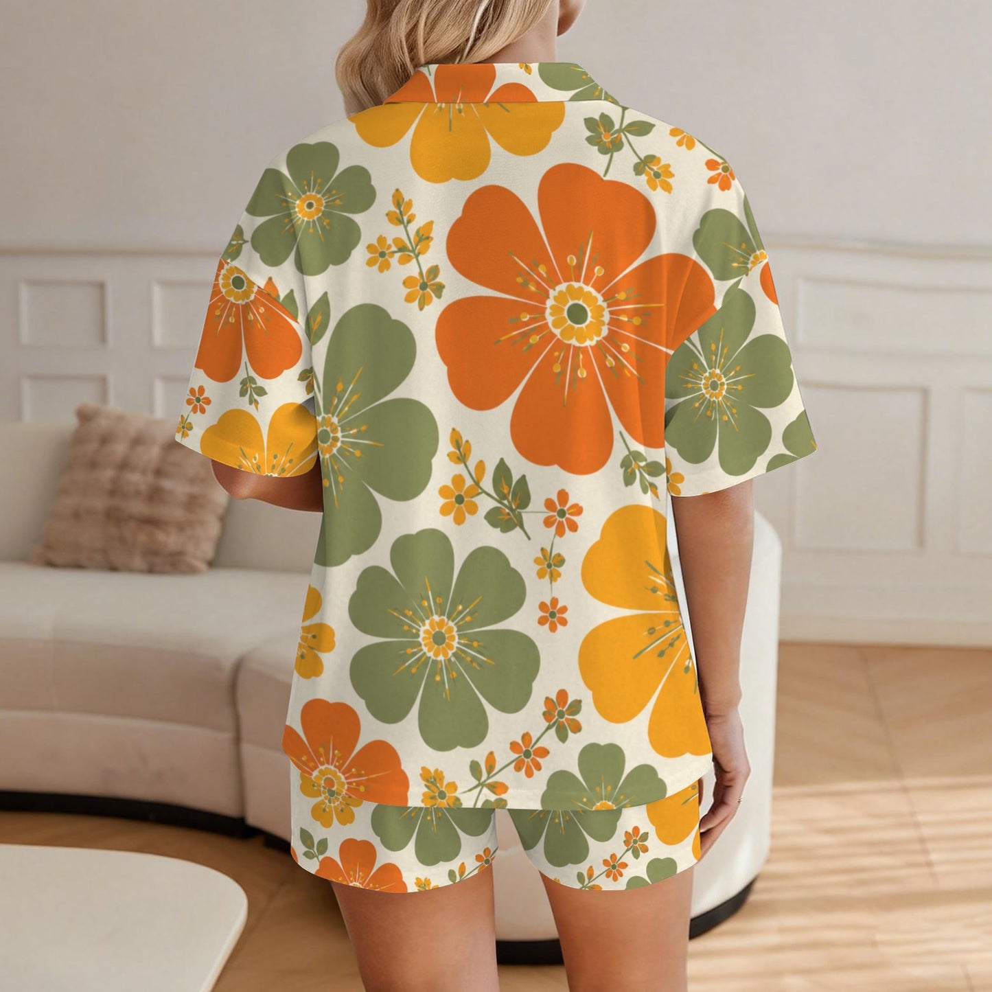Retro Floral Women's V-Neck Pajama Set | Orange Green Flower Print Sleepwear | Soft Lounge Set | Cozy Pajamas Gift for Her