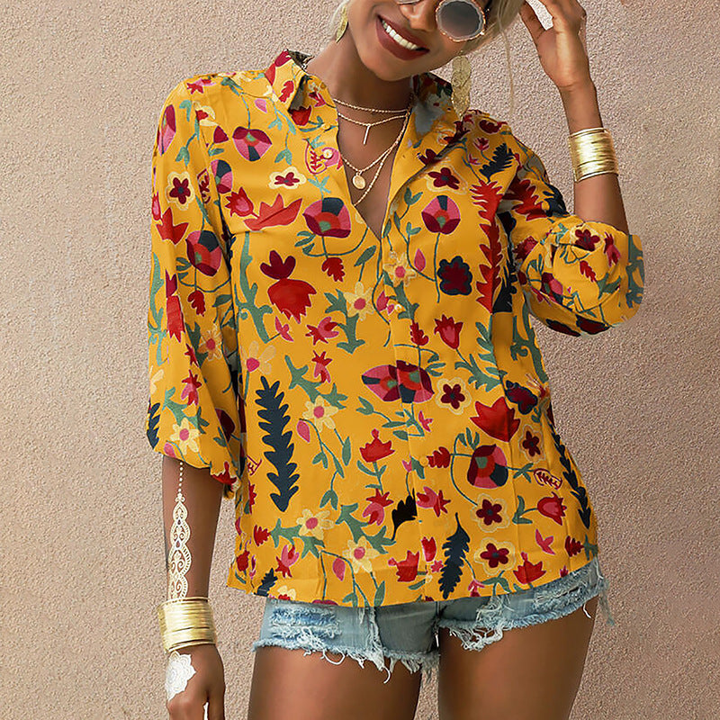 Printed Long Sleeve Women Lapel Fashion Casual Loose Shirt