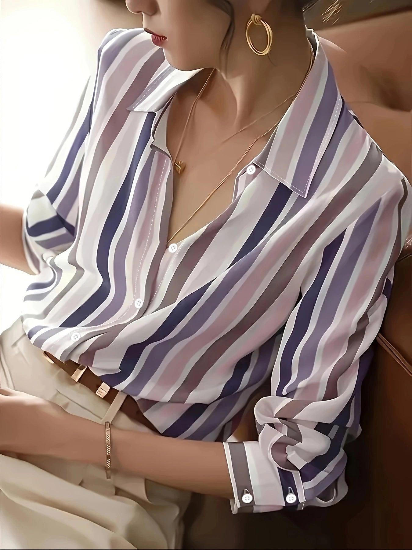 Ladies Long-sleeved Striped Printed Versatile Casual Shirt - US Warehouse