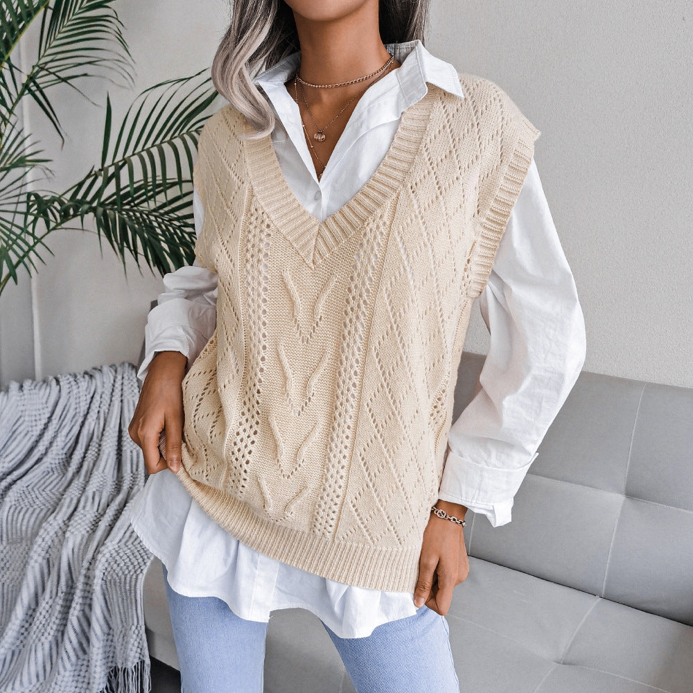 Hollowed-out Twisted V-neck Knitted Vest Sweater For Women