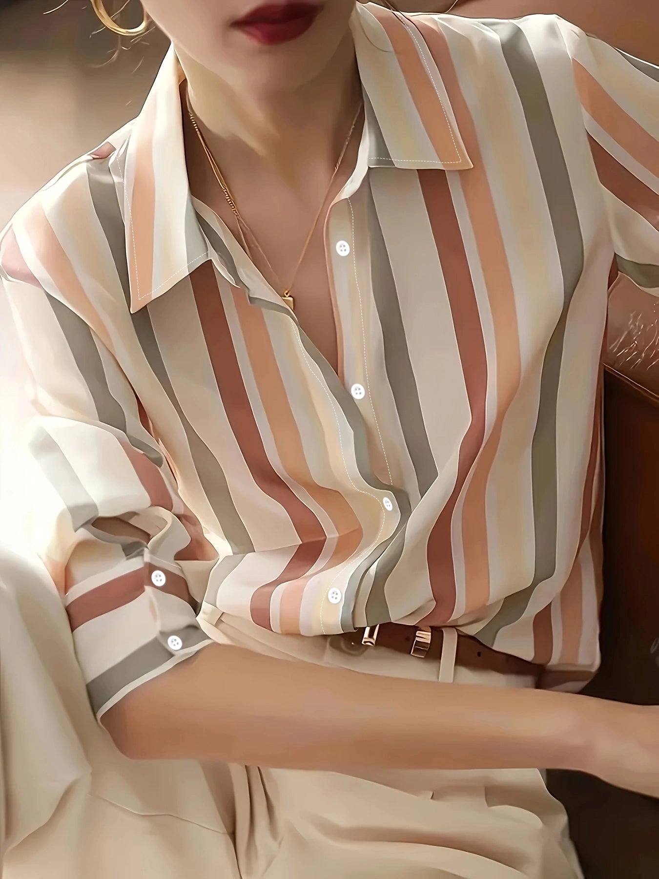 Ladies Long-sleeved Striped Printed Versatile Casual Shirt - US Warehouse