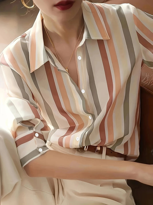 Ladies Long-sleeved Striped Printed Versatile Casual Shirt - US Warehouse