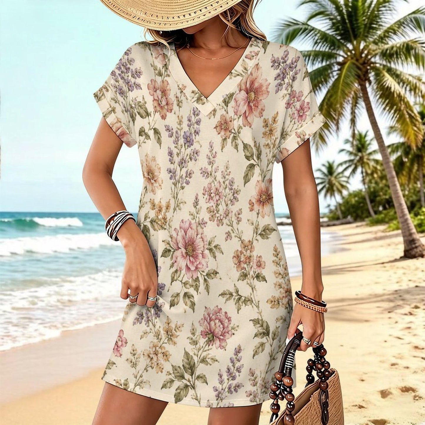 Design Women's Casual V-Neck Dress with Rolled Cuffs