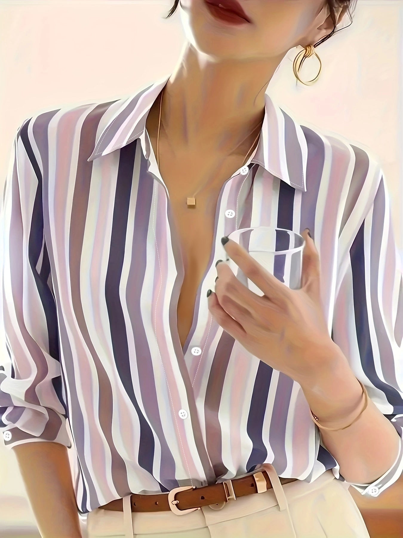 Ladies Long-sleeved Striped Printed Versatile Casual Shirt - US Warehouse