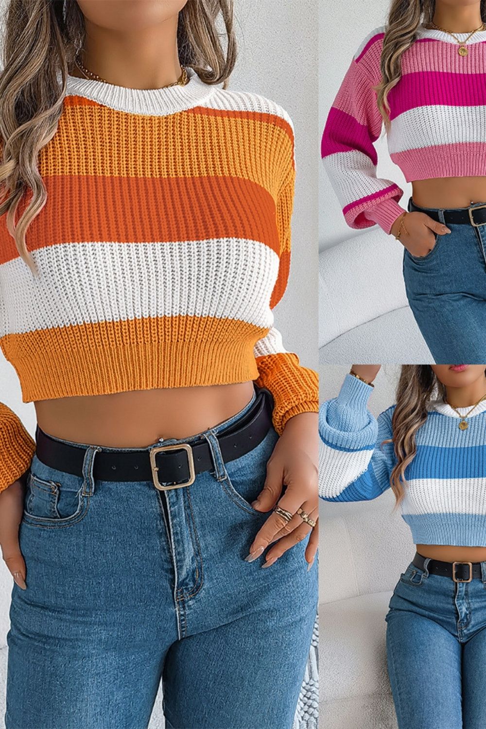 Casual Color-Block Lantern Sleeve Cropped Sweater