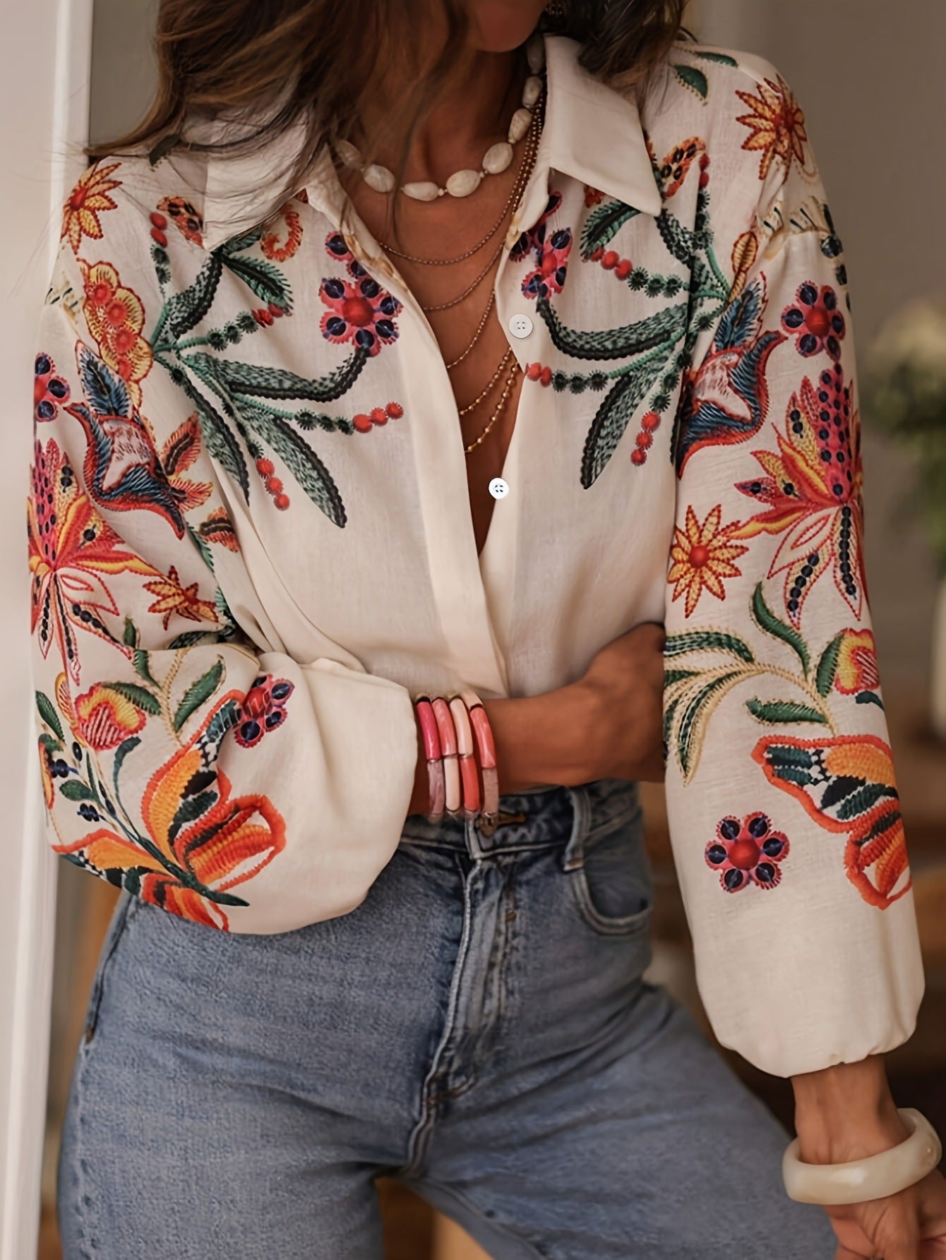 Loose Long Sleeve Printed Shirt Top