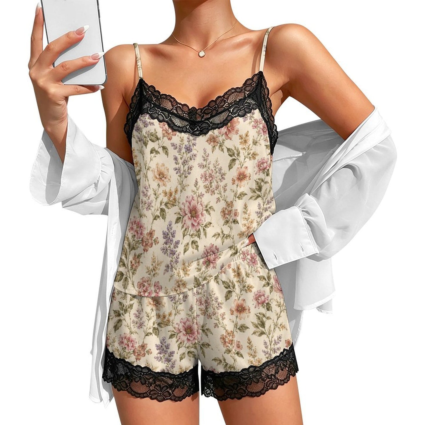 Women's Floral Lace Pajama Set | Soft Silky Sleepwear &amp; Loungewear