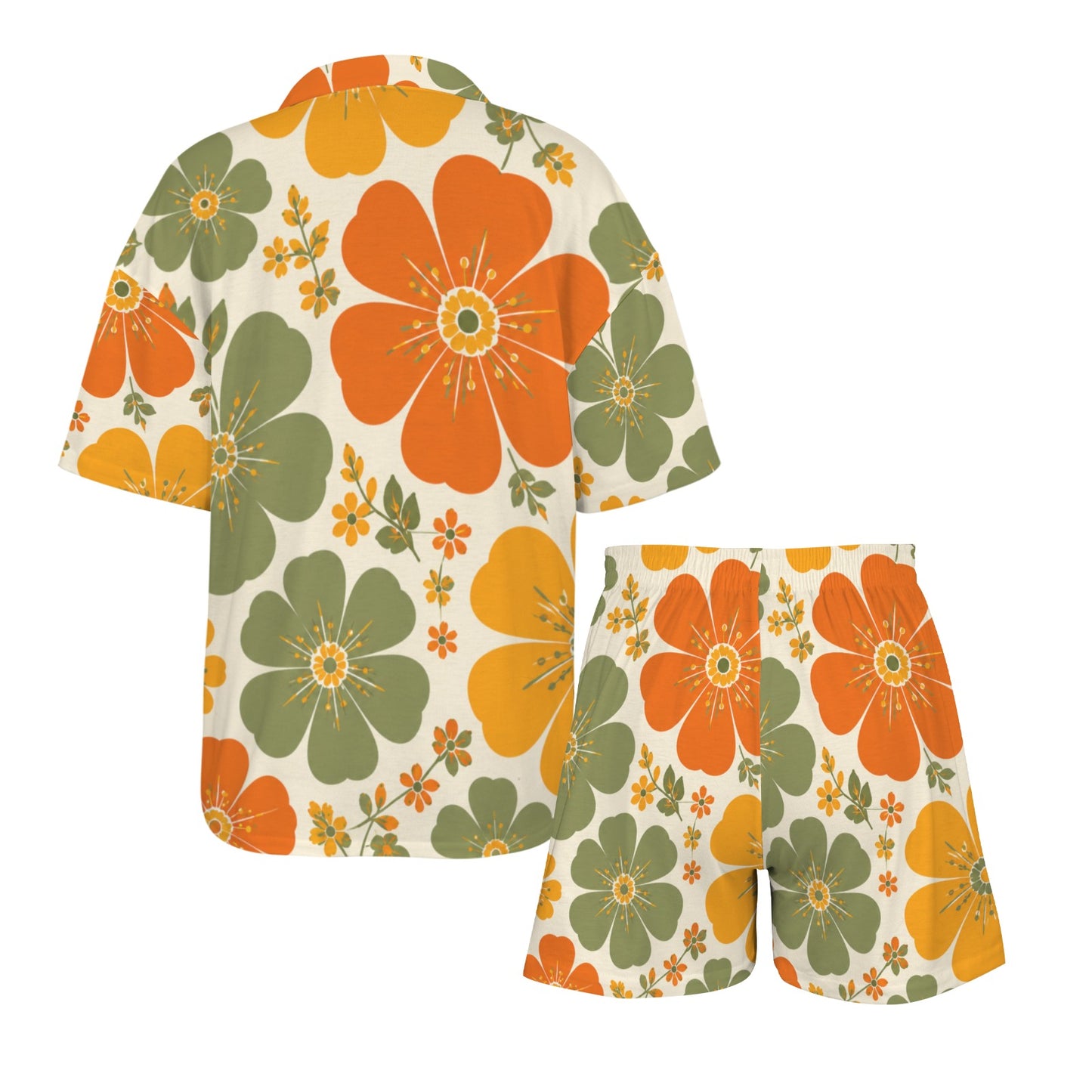 Retro Floral Women's V-Neck Pajama Set | Orange Green Flower Print Sleepwear | Soft Lounge Set | Cozy Pajamas Gift for Her