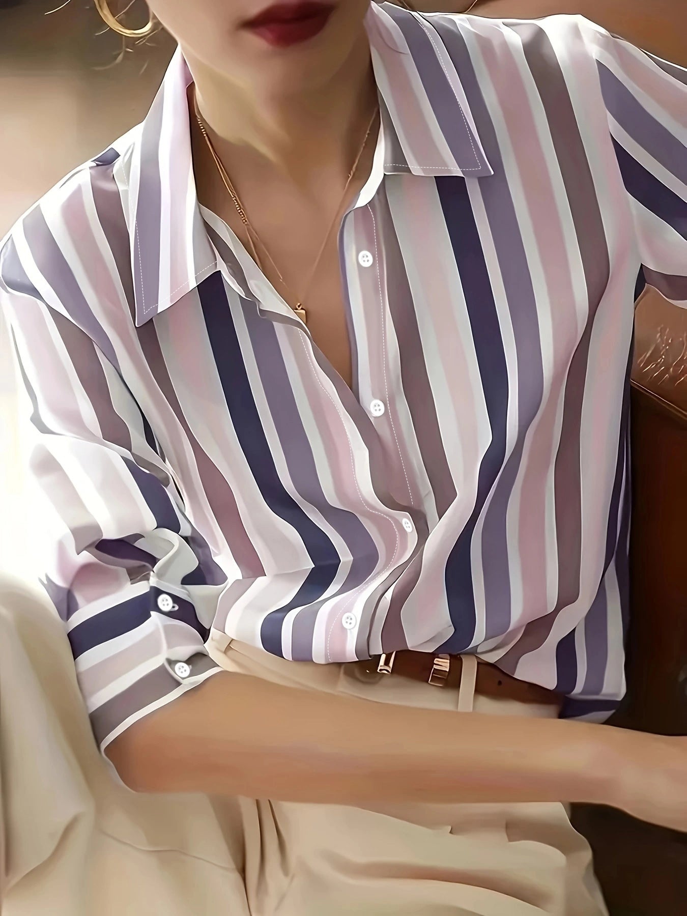 Ladies Long-sleeved Striped Printed Versatile Casual Shirt - US Warehouse