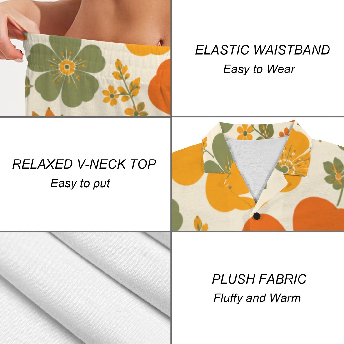 Retro Floral Women's V-Neck Pajama Set | Orange Green Flower Print Sleepwear | Soft Lounge Set | Cozy Pajamas Gift for Her