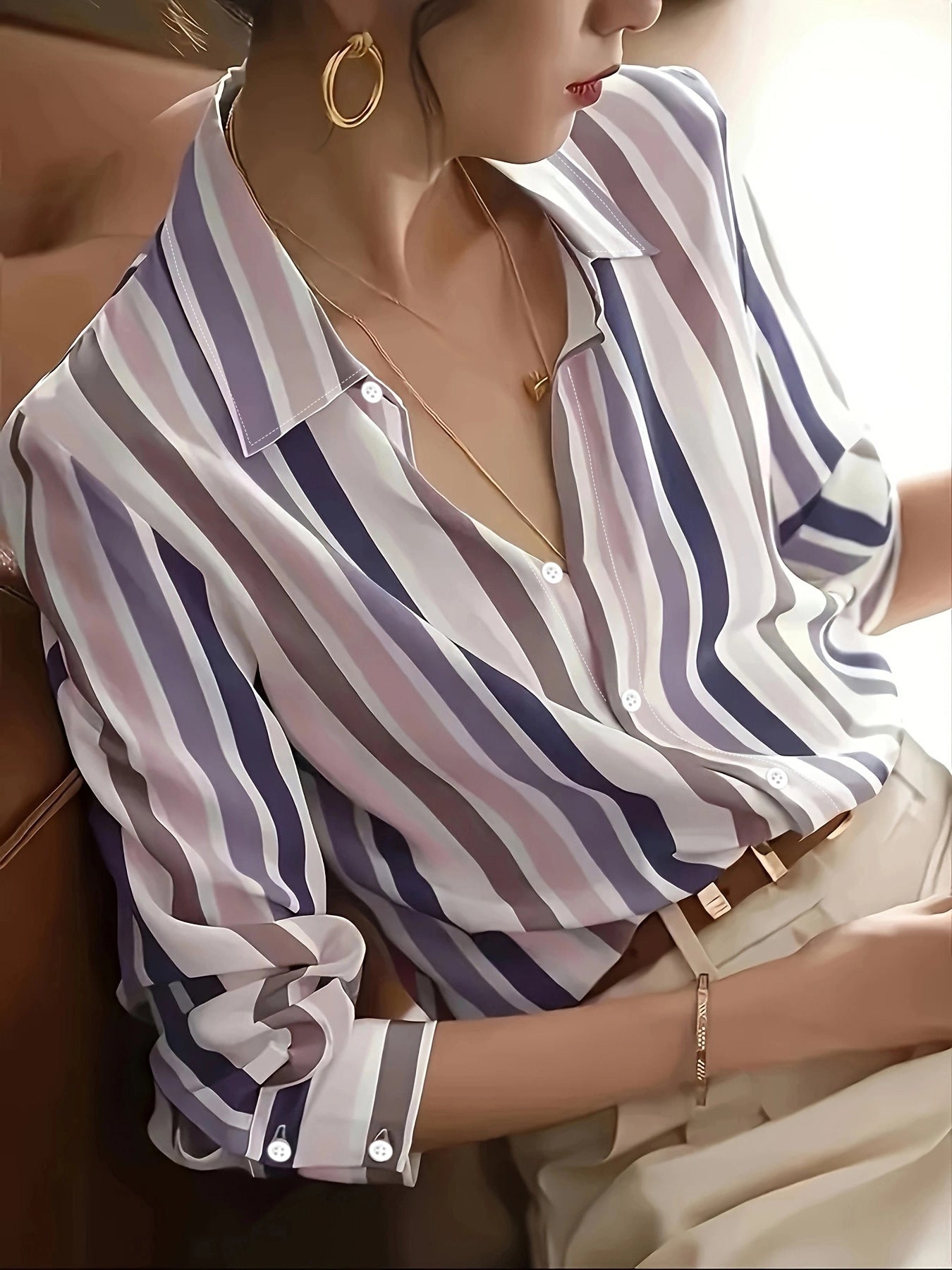 Ladies Long-sleeved Striped Printed Versatile Casual Shirt - US Warehouse