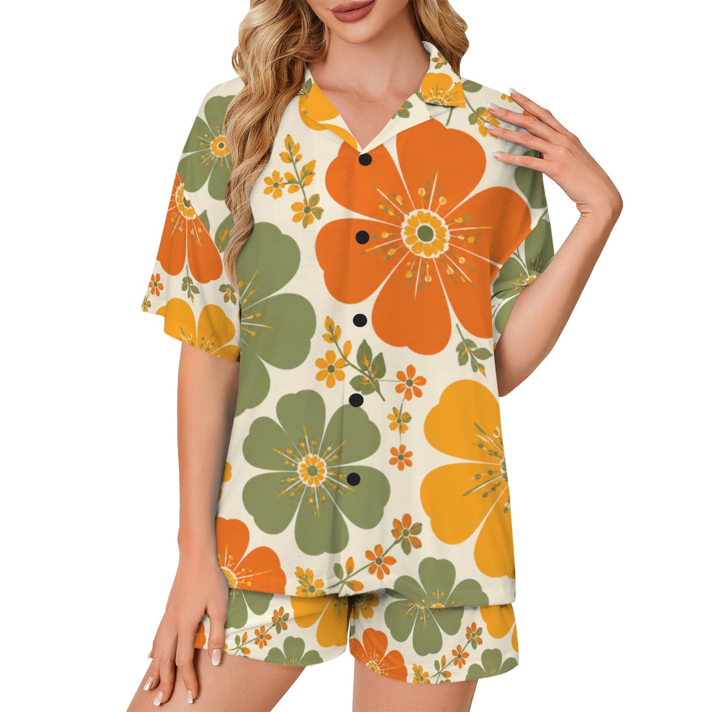 Retro Floral Women's V-Neck Pajama Set | Orange Green Flower Print Sleepwear | Soft Lounge Set | Cozy Pajamas Gift for Her