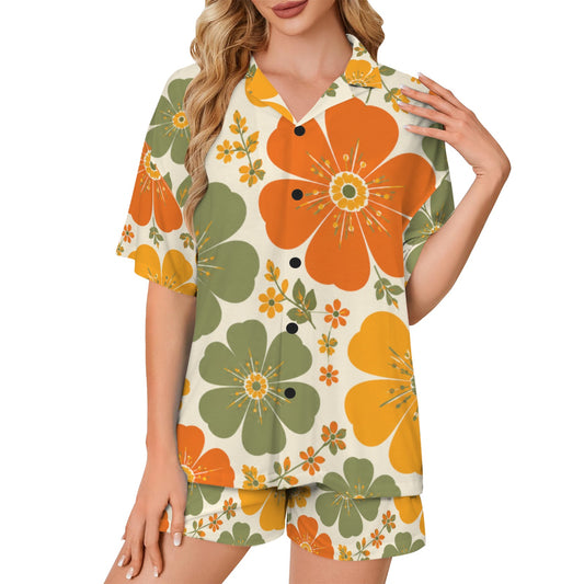 Retro Floral Women's V-Neck Pajama Set | Orange Green Flower Print Sleepwear | Soft Lounge Set | Cozy Pajamas Gift for Her