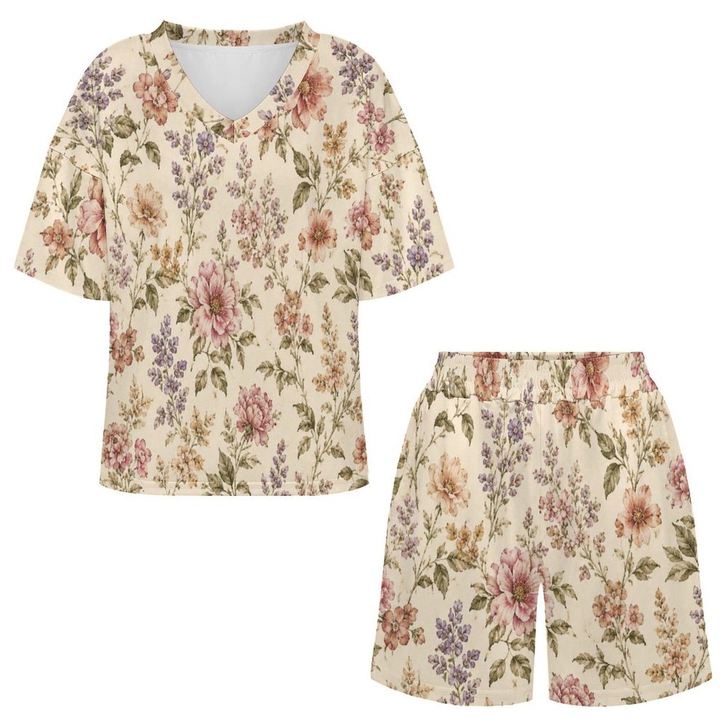 Women's Floral V-Neck Pajama Set – Soft &amp; Comfortable Loungewear