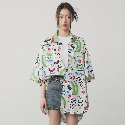 Colorful Abstract Oversized Cotton Shirt – Artistic Casual Button-Up Blouse