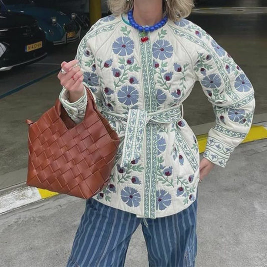 Elegant Blue Printed Lace-up Waist-tight Cotton-padded Jacket