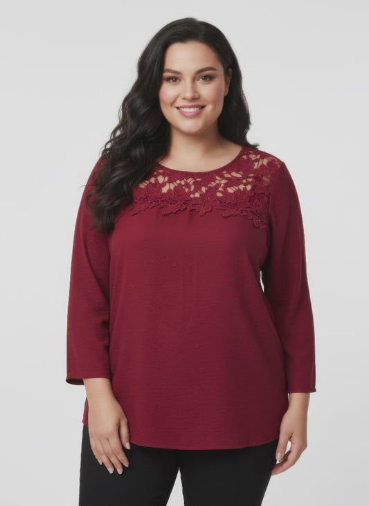 Lace Yoke Three-quarter Sleeve Knit Top - US Warehouse