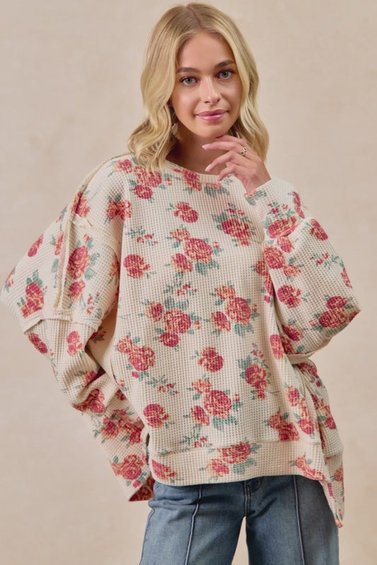 BiBi Floral Print Oversized Waffle Thermal Sweatshirt - US Warehouse