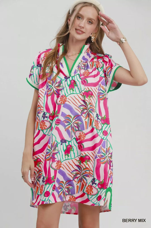 Umgee Tropical Print Collared Shift Dress - US Warehouse