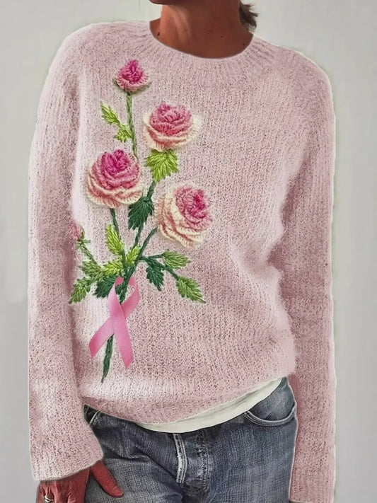 Flower Round Neck Long Sleeve Sweater