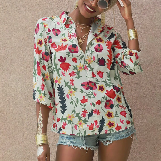 Printed Long Sleeve Women Lapel Fashion Casual Loose Shirt