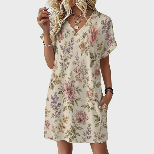 Design Women's Casual V-Neck Dress with Rolled Cuffs