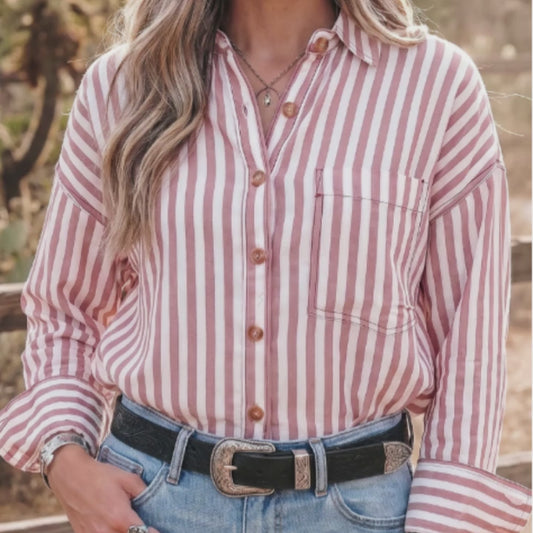 Brown-striped Western-style Long-sleeved Casual Shirt