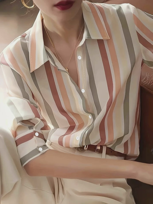 Ladies Long-sleeved Striped Printed Versatile Casual Shirt - US Warehouse