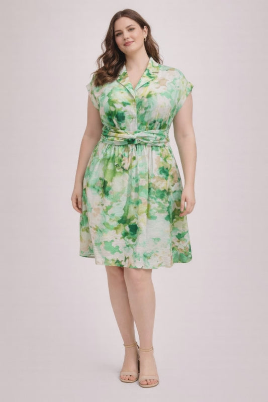 Plus Size Floral Waist Tie Shirt Dress - US Warehouse