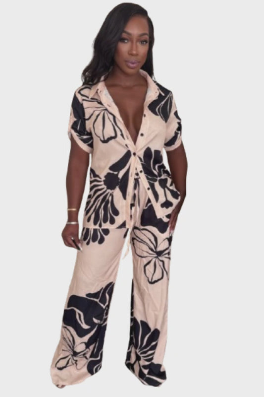 Two Piece Floral Wide Leg Lounge Set, Chic Resort Wear Outfit - US Warehouse