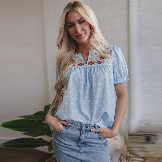 Embroidered Chiffon V-Neck Blouse for Women, Boho Floral Short Sleeve Top, Lightweight Summer Shirt