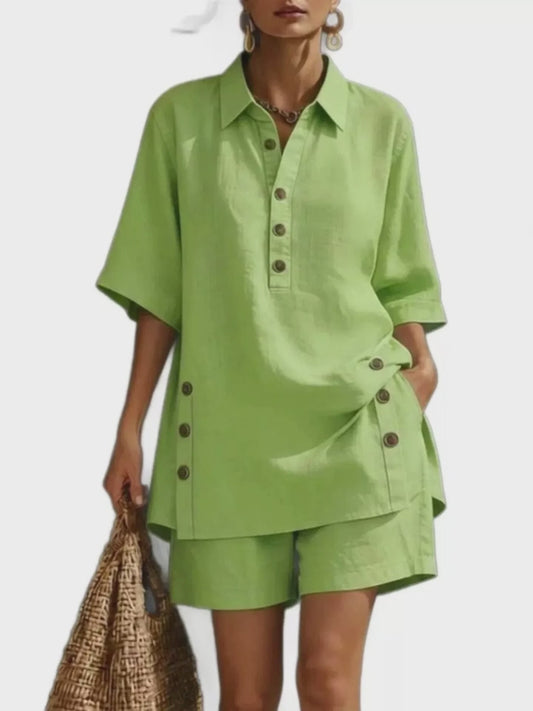 Full Size Casual Linen Button-Down Shirt & Shorts Set Plus Size