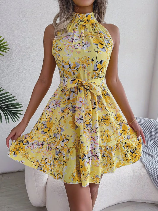 Women   Elegant Tie Waist Ruffle Hem Flowy Floral Print Dress