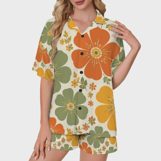 Retro Floral Women's V-Neck Pajama Set | Orange Green Flower Print Sleepwear | Soft Lounge Set | Cozy Pajamas Gift for Her