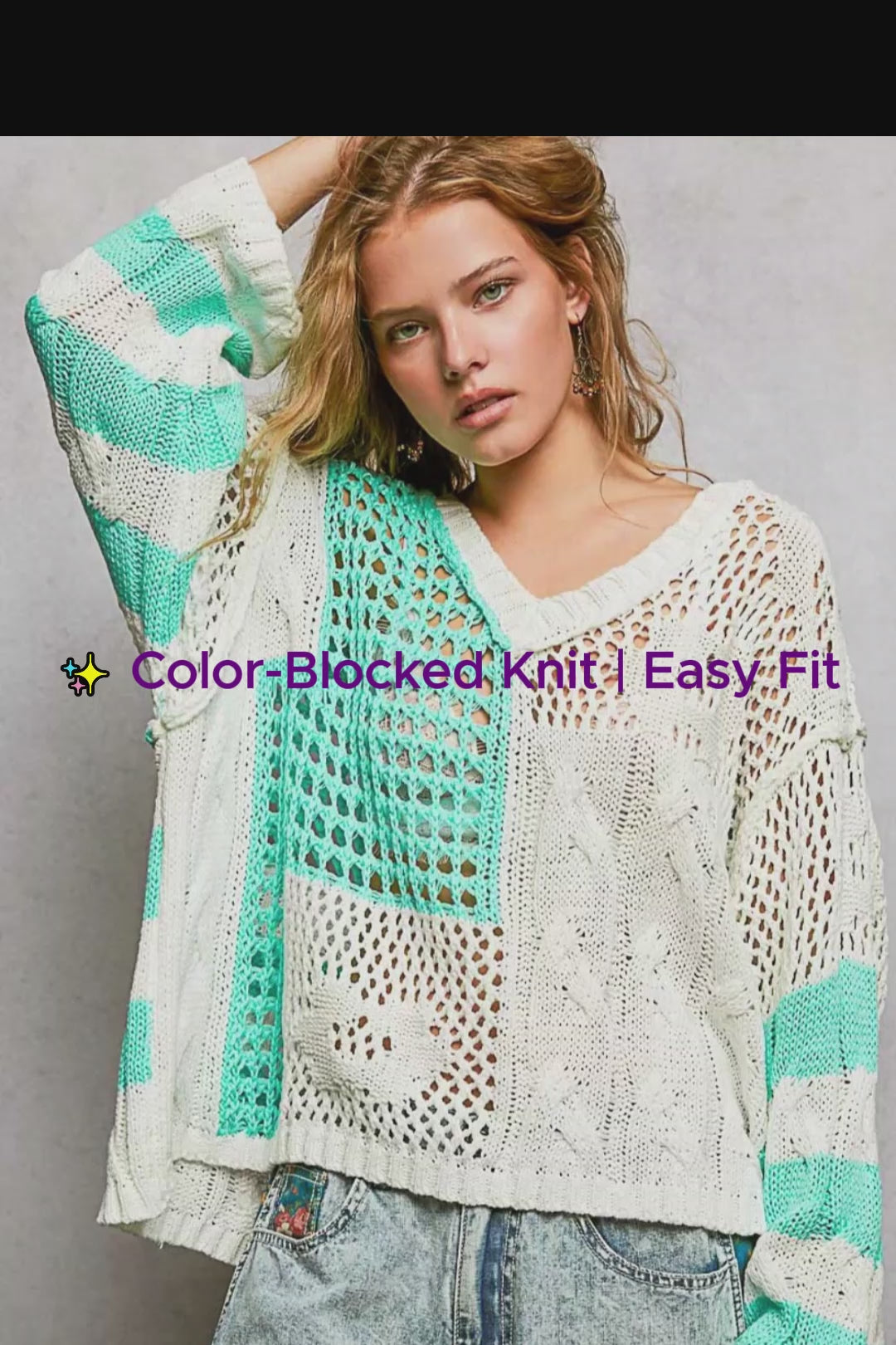 POL Color-Blocked Stripe Pattern Knit Top with Twisted Weave