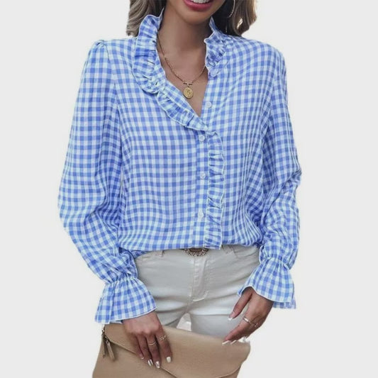 Women's French-style Plaid Shirt With Wooden Ears