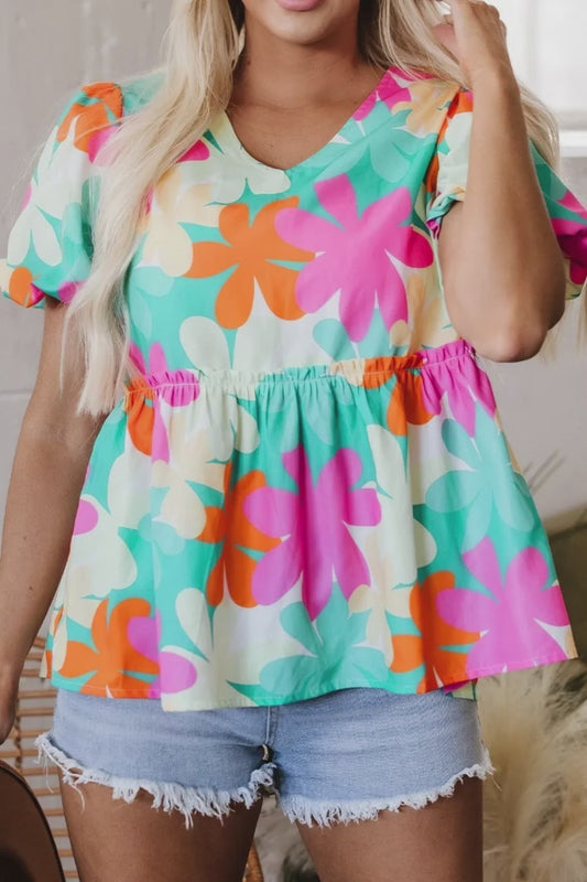 Floral Print Bubble Sleeve V Neck Peplum Blouse