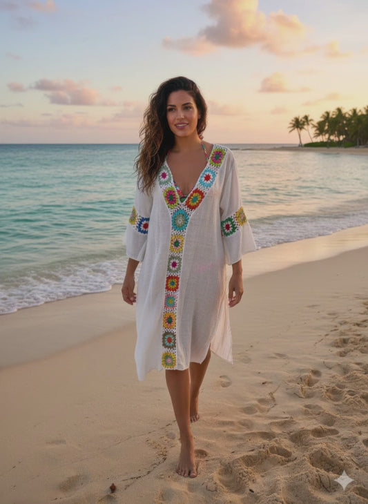 Linen Crochet Maxi Dress | Boho Beach Cover-Up | US Warehouse