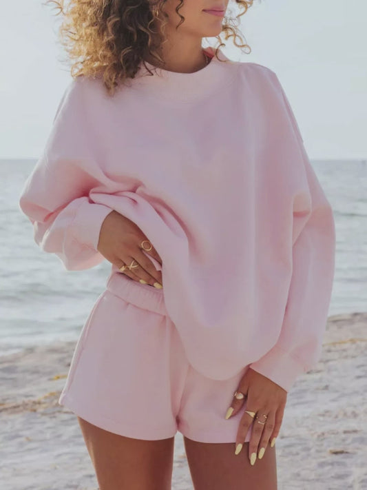 Women’s Relaxed Fit Round Neck Sweatshirt and Shorts Set