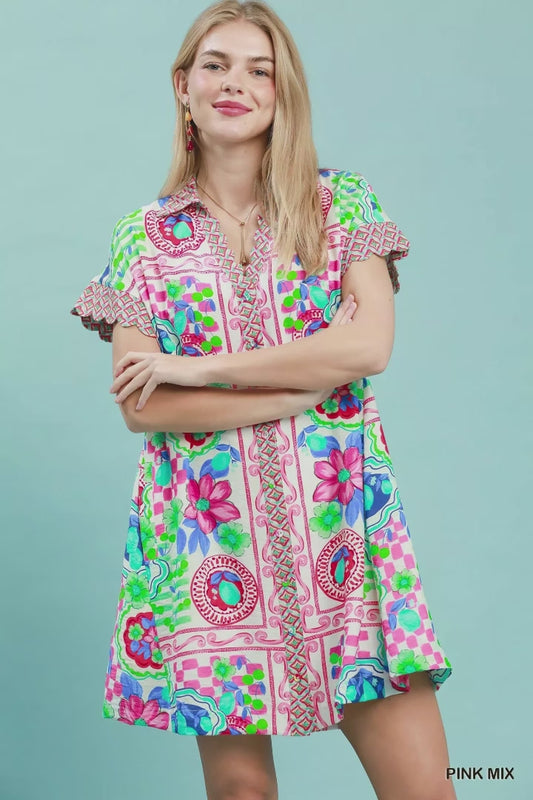Umgee Mediterranean Print Dress with Contrast Printed Trim - US Warehouse