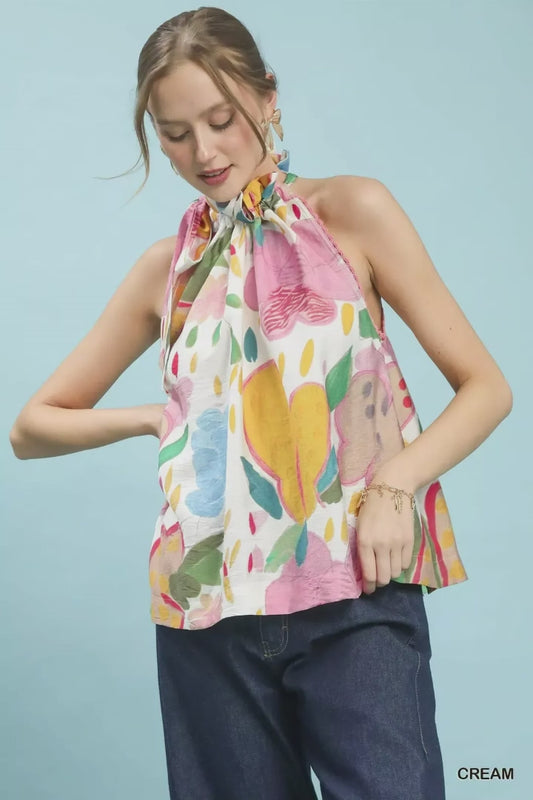 Umgee Multi-Color Floral Halter Neck Boho Top - US Warehouse